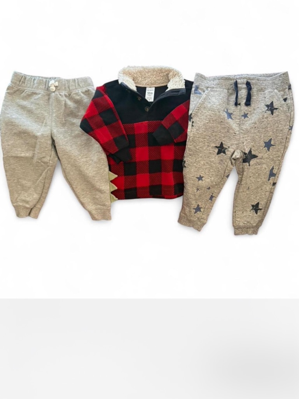 Carter's Red & Black Buffalo Plaid Sherpa Pullover with Grey Jogger Set